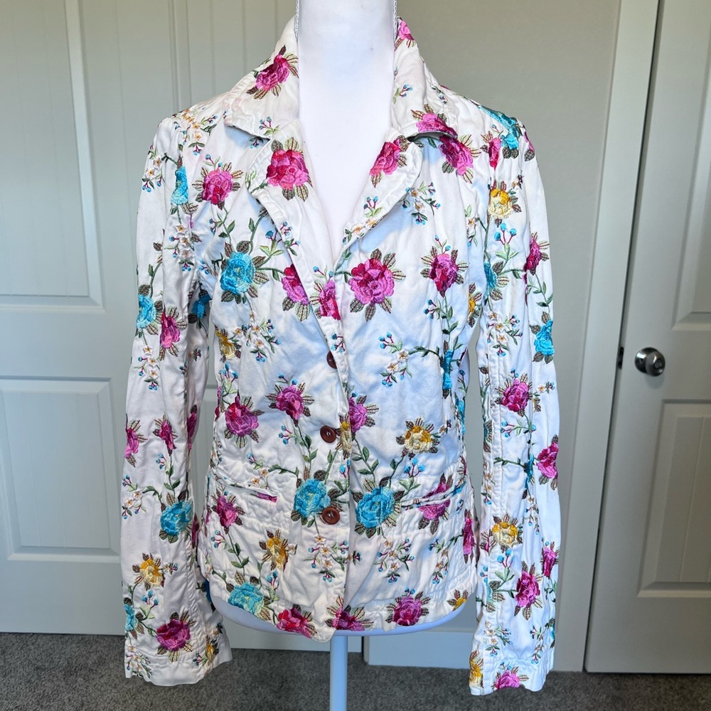Johnny Was White Blazer Floral Pink Blue Yellow Intricate Embroidery Sz Small